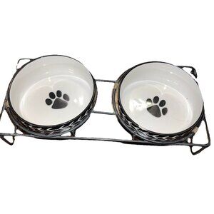 Black Arrow Signature Small Dog/Cat Bowls W/metal stand Black White